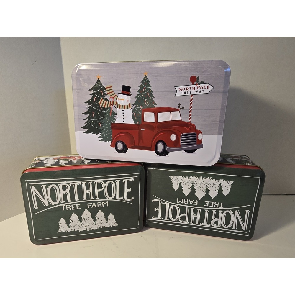 3 Christmas Tins North Pole Tree Farm‎ Snow Man Food Storage Camper Truck /0410